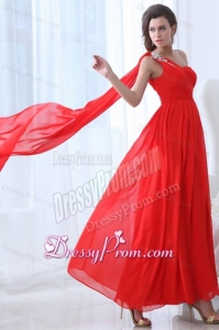 Elegant Empire One Shoulder Red Watteau Train Prom Dress with Beading