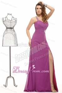 Fuchsia Column Beading One Shoulder Chiffon Prom Dress with Criss Cross