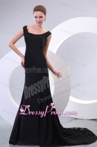 Scoop Black Chiffon and Lace Court Train Prom Dress for Evening Party