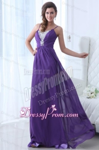 Simple Empire Straps Floor-length Chiffon Beading Purple Prom Dress
