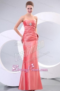 Watermelon Column Strapless Floor-length Taffeta Ruching Prom Dress with Lace Up