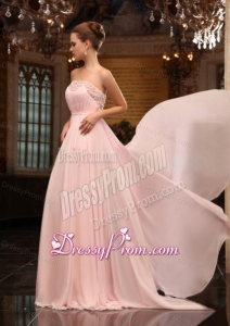 Baby Pink Strapless Appliques Ruching Brush Train Prom Dress