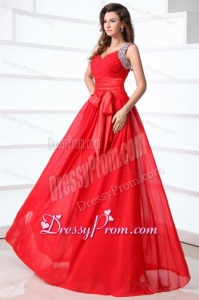 Elegant Column V-neck Red Brush Train Chiffon Prom Dress with Beading