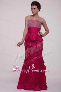 Hot Pink Column Strapless Prom Dress with Beading and Layers