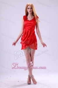 Red Column V-neck Flowers Short Prom Dress with Mini-length