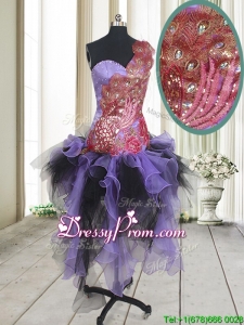 2017 Discount One Shoulder Peacock Applique Ruffled Short Prom Dress in Asymmetrical