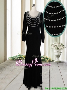 2017 Pretty Column Scoop Pearled Backless Black Prom Dress with Long Sleeves