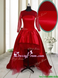 Best Selling See Through Scoop High Low Bowknot Prom Dress in Wine Red