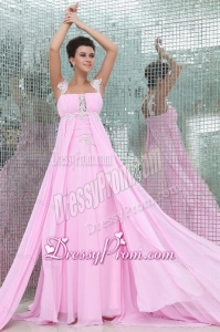 Empire Straps Rose Pink Appliques and Ruching Chiffon Prom Dress