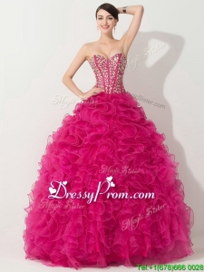 Visible Boning Hot Pink Quinceanera Gown with Beading and Ruffles