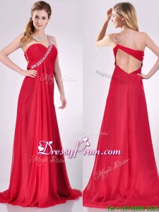 New Beaded Decorated One Shoulder Red Christmas Party Dress with Brush Train