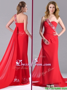 Pretty Column One Shoulder Watteau Train Chiffon Coral Red Christmas Party Dress with Beaded