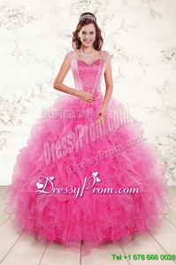 2015 Pretty Straps Hot Pink Quinceanera Dresses with Beading