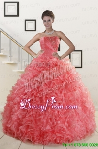 2015 New Arrival Watermelon Red Sweet 15 Dress with Beading