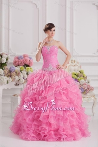 Ball Gown Sweetheart Organza Beading Ruffles Rose Pink Quinceanera Dress