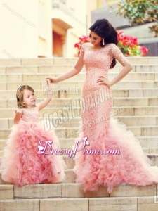 2016 Exclusive Column Long Sleeves Latest Prom Dress with Brush Train and Affordable Ruffled and Laced Little Girl Dress in Watermelon Red