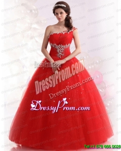 2015 Cheap Red One Shoulder Sweet 15 Dresses with Rhinestones