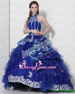 Pretty Halter Top Appliques Blue 2015 Quinceanera Dresses with Ruffles and Brush Train