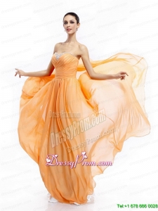 2015 Popular Beading Sweep Train Gold Prom Dresses with Ruching