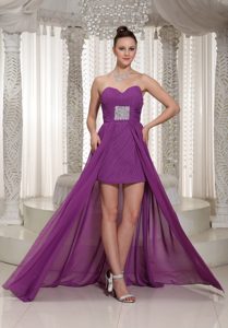 Newest Purple Sweetheart Beaded Prom Gown Dress High-low with Ruche