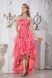 2014 Watermelon Red Asymmetrical High-low Prom Dress Ruffled