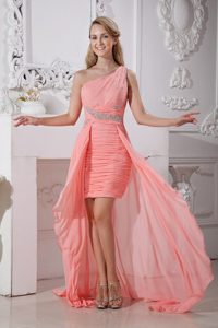 Watermelon Red One Shoulder High-low Chiffon Ruched Prom Dress
