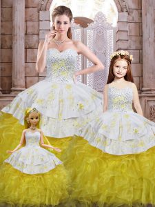 Enchanting Beading and Appliques and Ruffles Quinceanera Gowns Yellow And White Lace Up Sleeveless Floor Length