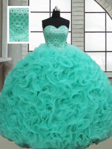 Turquoise Fabric With Rolling Flowers Lace Up Quinceanera Gowns Sleeveless Brush Train Beading