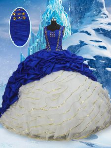 Blue And White Ball Gowns Taffeta Straps Sleeveless Ruffled Layers and Pick Ups Lace Up Sweet 16 Quinceanera Dress Brush Train