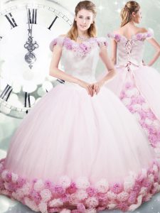 Lace Up Ball Gown Prom Dress Pink for Military Ball and Sweet 16 and Quinceanera with Hand Made Flower Brush Train