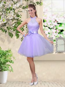 Admirable Lilac Damas Dress Prom and Party with Lace and Belt Halter Top Sleeveless Lace Up