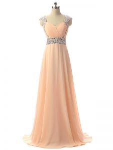 Peach Empire Chiffon V-neck Cap Sleeves Beading Floor Length Lace Up