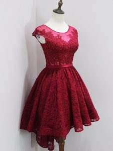 High Low Wine Red Quinceanera Court Dresses Scoop Cap Sleeves Zipper