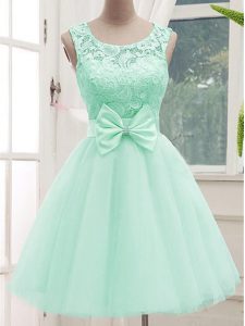 Dazzling Sleeveless Tulle Knee Length Lace Up Quinceanera Court of Honor Dress in Apple Green with Lace and Bowknot