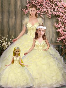 Most Popular Light Yellow Ball Gowns Beading and Ruffles 15th Birthday Dress Lace Up Tulle Sleeveless Floor Length