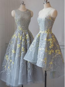 Flirting Grey Sleeveless Tea Length Lace Criss Cross Quinceanera Court of Honor Dress