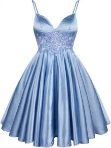 Ideal Light Blue A-line Elastic Woven Satin Spaghetti Straps Sleeveless Lace Knee Length Lace Up Vestidos de Damas