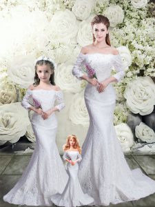 Lace Quinceanera Dresses White Lace Up 3 4 Length Sleeve Brush Train