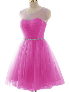 Fashionable Tulle Scoop Sleeveless Lace Up Beading and Ruching Prom Evening Gown in Fuchsia
