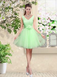 Tulle Lace Up Vestidos de Damas Sleeveless Knee Length Lace and Belt
