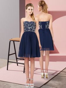 Affordable Navy Blue Empire Sweetheart Sleeveless Chiffon Mini Length Lace Up Beading