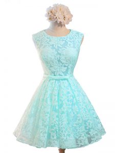 Aqua Blue Lace Up Vestidos de Damas Belt Sleeveless Knee Length