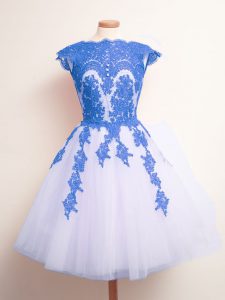 A-line Damas Dress Blue And White Scalloped Tulle Sleeveless Knee Length Lace Up