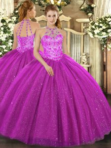 Fuchsia Sleeveless Floor Length Beading and Embroidery and Sequins Lace Up Ball Gown Prom Dress
