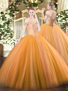 Off The Shoulder Sleeveless Sweet 16 Dresses Floor Length Beading Orange Tulle