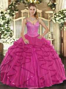 Floor Length Hot Pink Quince Ball Gowns Tulle Sleeveless Beading and Ruffles