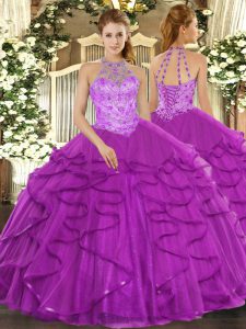 Purple Sleeveless Organza Lace Up Quinceanera Dresses for Military Ball and Sweet 16 and Quinceanera