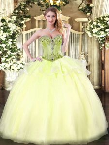 Light Yellow Organza Lace Up Sweetheart Sleeveless Floor Length Sweet 16 Dresses Beading