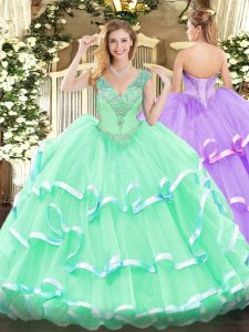 Inexpensive Floor Length Apple Green Quinceanera Gowns Organza Sleeveless Beading