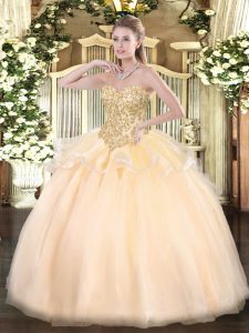 Luxurious Champagne Sweetheart Neckline Appliques Ball Gown Prom Dress Sleeveless Lace Up